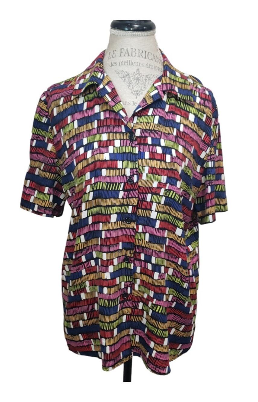Vintage Leslie Fay Haberdashery Abstract Geometric Button Up Short Sleeve Shirt
